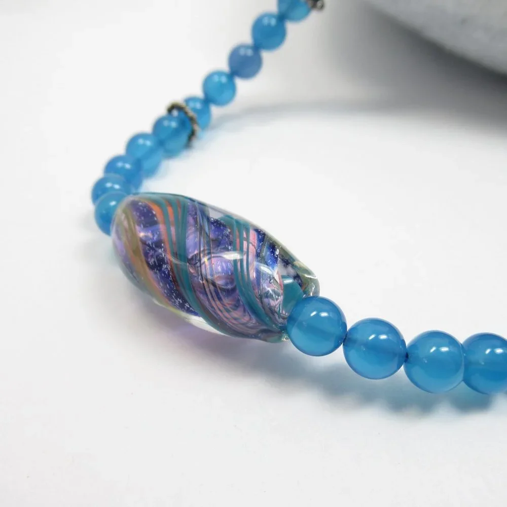 Blue Quartz Stone Necklace With Glass Bead